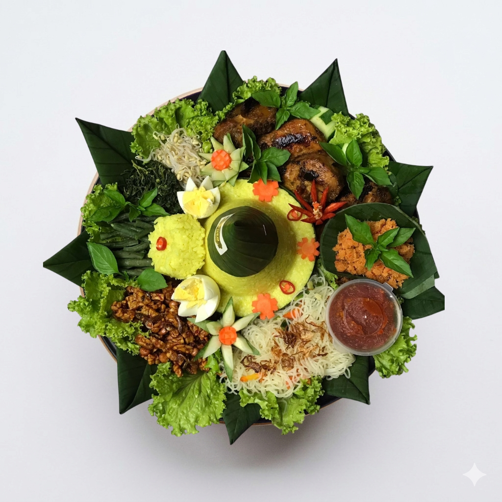 Tumpeng hias dengan isian nasi kuning, ayam bakar dan kering tempe